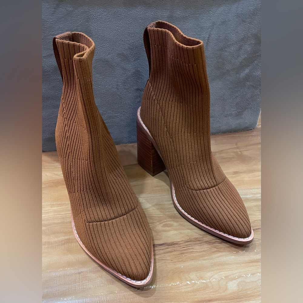 Steven New York Nara Stacked-Heel Sock Booties -  Camel Brown - Size 4